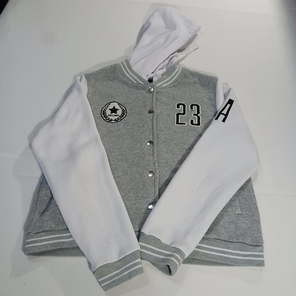 New Look Varsity Jacket #23 Youth Gray & White Snap Buttons Hoodie Size Large